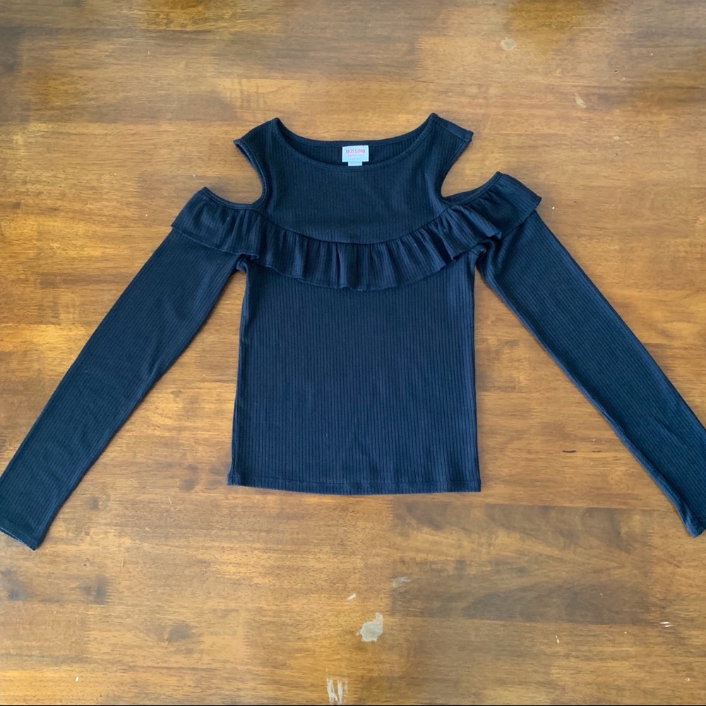 Ribbed Cold Shoulder Ruffle Long Sleeve Top
